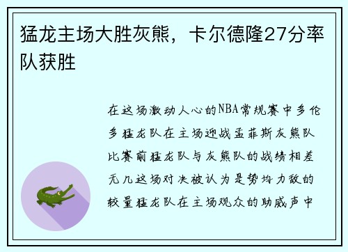 猛龙主场大胜灰熊，卡尔德隆27分率队获胜