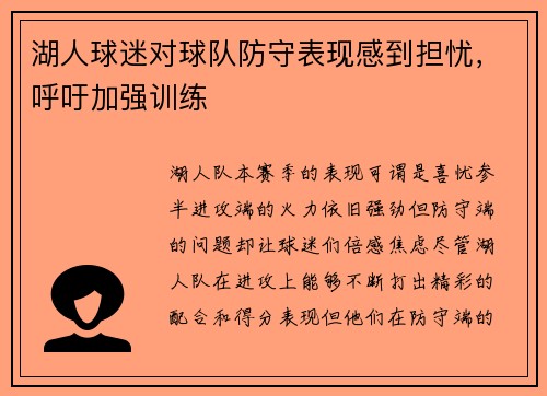 湖人球迷对球队防守表现感到担忧，呼吁加强训练